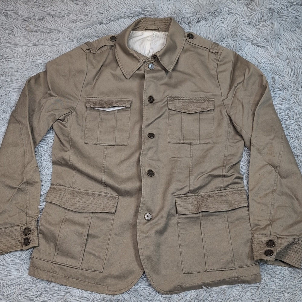 Vintage Zara Man Jacket Mens 44 Biege Sport Coat Pockets Safari Utility Button